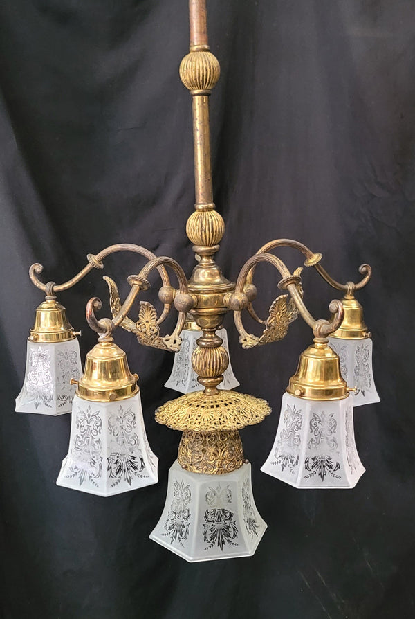 Ornate 6 Light Victorian Chandelier w/ Fluted Etched Shades 24" x 36" GS00997