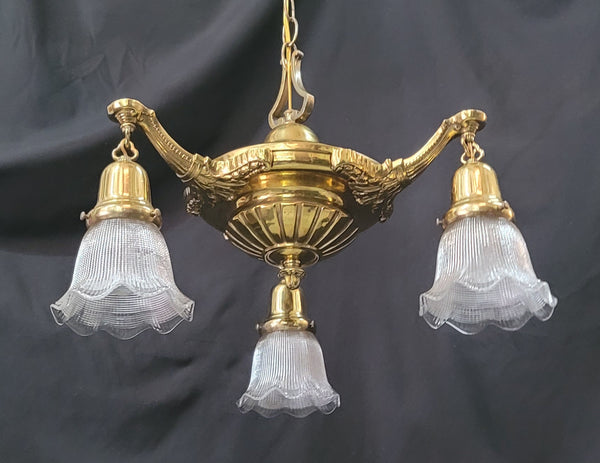 Restored 3 Light Victorian Brass Pan Chandelier w/ Shades 16" x 41" GS00986