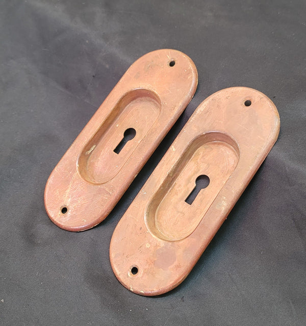 Pair of Oval Brass Pocket Door Keyhole Escutcheon Plates 6" x 2 3/8" GS00855