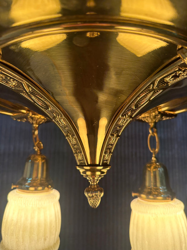 Restored Antique Brass Pan 4-Arm Triple Chain Chandelier GA21008