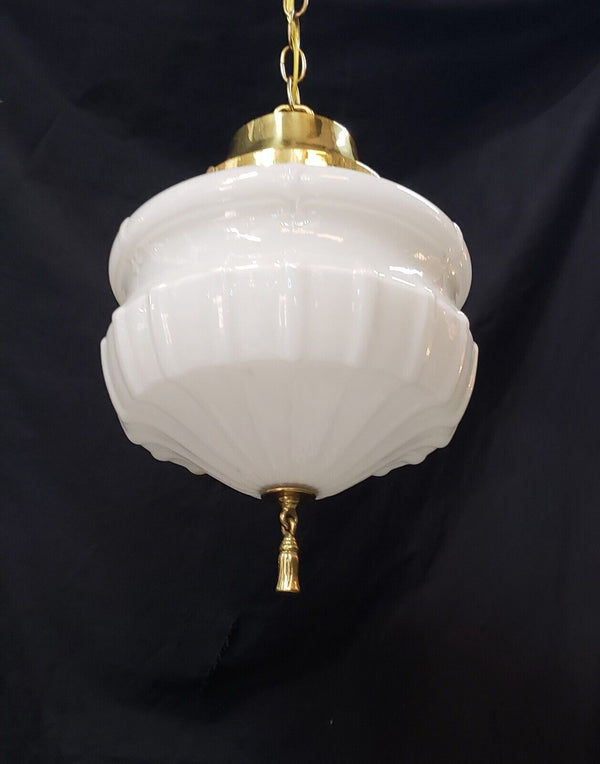 Restored Art Deco White Opaque Pendant Light Fixture with Brass Trim GA4347