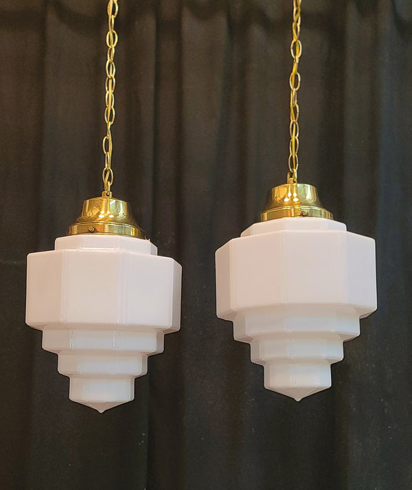 Restored Pair of Art Deco Glass Pendant Light Fixtures w/ Chain & Cap GS01008