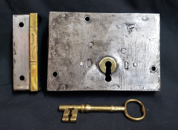 Restored Carpenter Style Dead Bolt Rim Lock Set with Key 5" x 3 1/2" GA9694