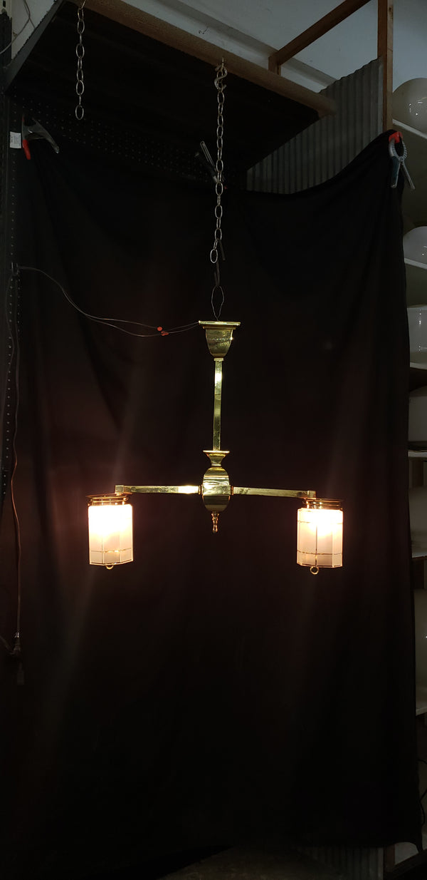 Restored Gas Converted 2 Light Brass Chandelier w/ Shades 26" x 28 1/2" GS00967