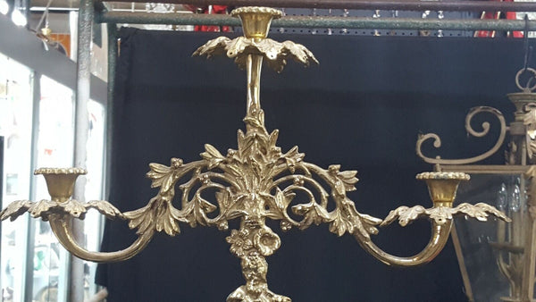Antique Ornate Solid Brass Candelabra with Floral Bouquet Design on Marble Base