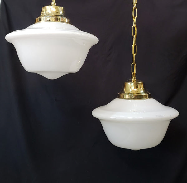 Pair of Restored Brass Pendant Lights w/ White Shades GS01080