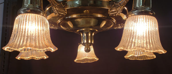 Restored 5 Light Brass Pan Chandelier 20" x 10" w/ Chain & Ceiling Cap GS00973