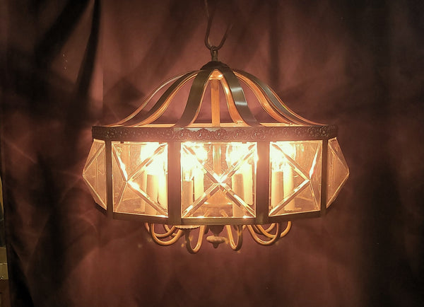 MCM Ten Light Chandelier w/ Faceted Beveled Glass Panels 20" x 17" GS00954