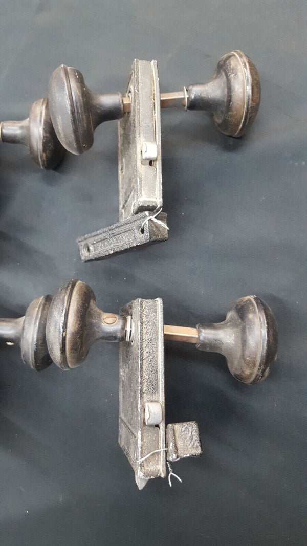 Set of 4 Reproduction Rim Locks with Privacy Locks Keepers & Black Doorknobs