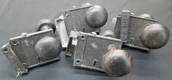 Set of 4 Reproduction Rim Locks with Privacy Locks Keepers & Black Doorknobs