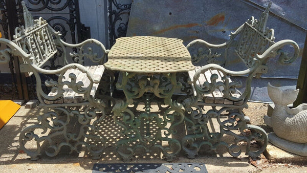 Rare 1800's Ornate Victorian Cast Iron Exterior Table w/ Benches GS00705