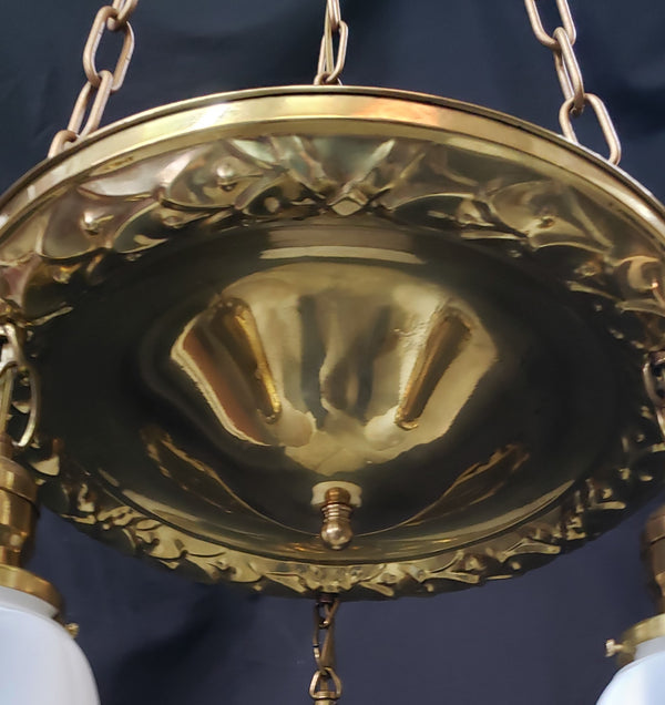 Restored Victorian 3 Light Brass Pan Chandelier w/ Shades 14"x 36" GS00978