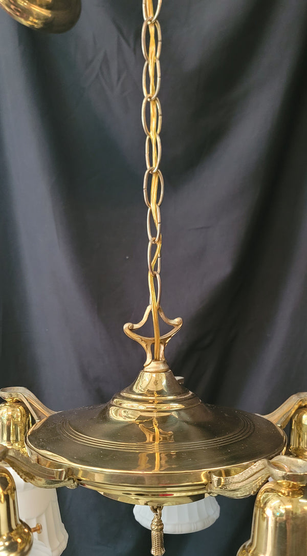 Restored 5 Light Brass Victorian Pan Chandelier w/ Textured White Shades GS01021