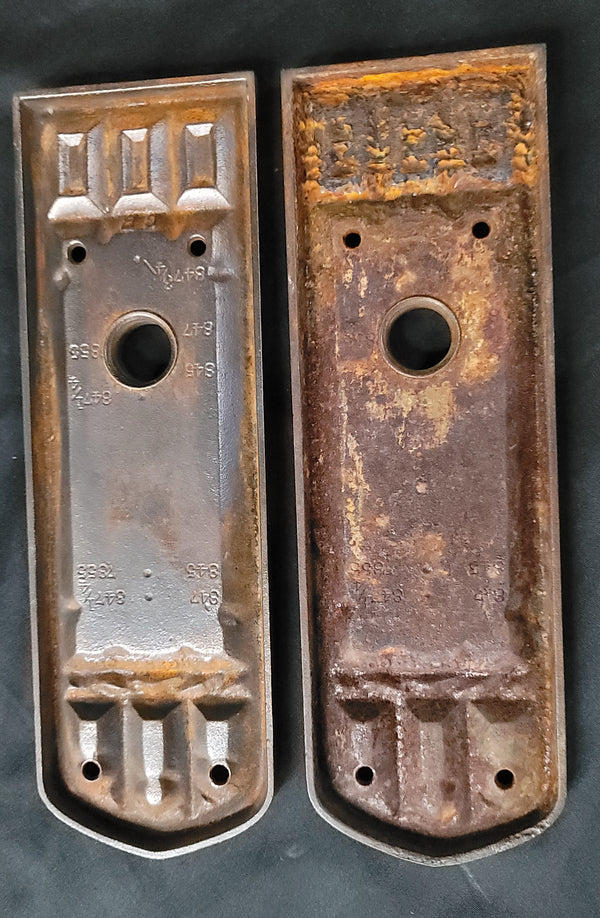 Pair of Restored Cast Iron Art Deco Backplates 8 1/2" x 2 3/4" GS00877