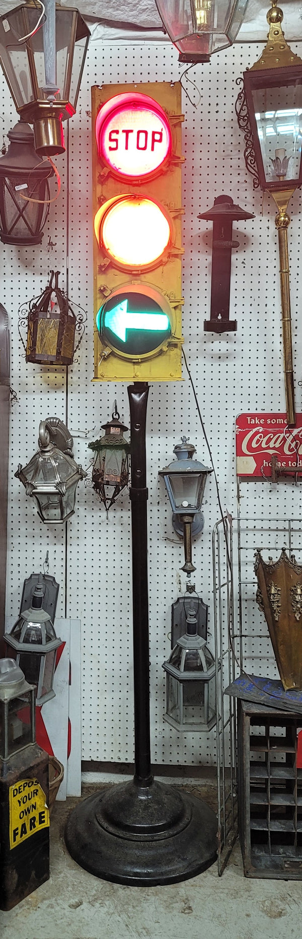 Vintage Blinking Traffic Light with Industrial Steel Base 93 1/2" Tall GS00939