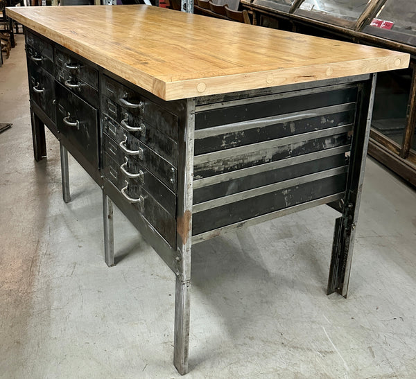Industrial Salvaged Butcher Block & Steel Work Table GA20813