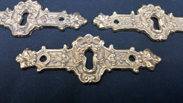 Architectural Salvage Ornate Brass Key Hole Design Drawer Pull Plates Set of 3