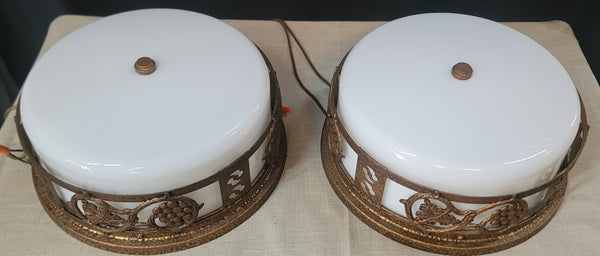 Pair of Flush Mount Ceiling Lights w/ Milk White Shades 13" x 6 1/2" GS010954