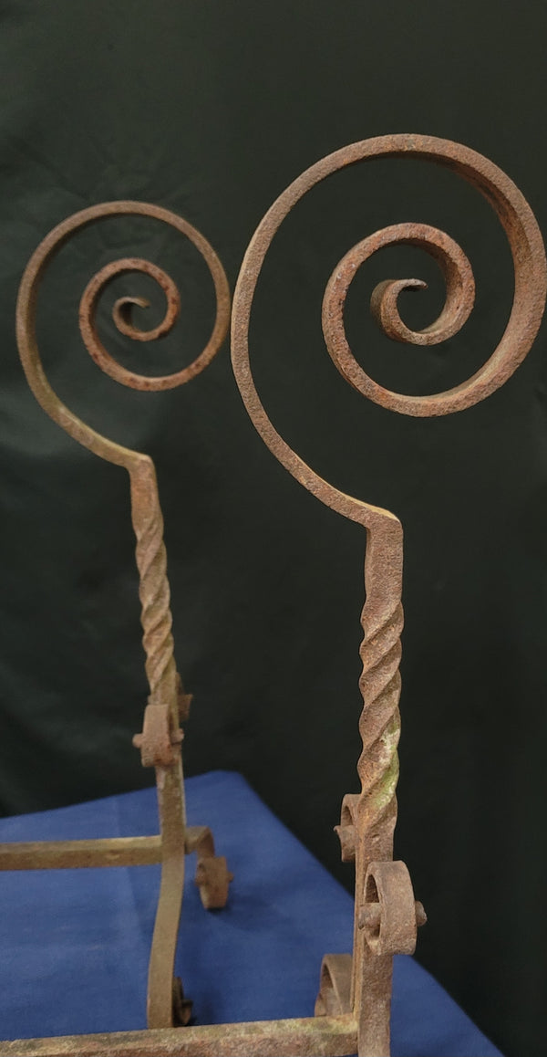 Vintage Pair of Art Deco Wrought Iron Andirons 20" T x 10" W GS00842