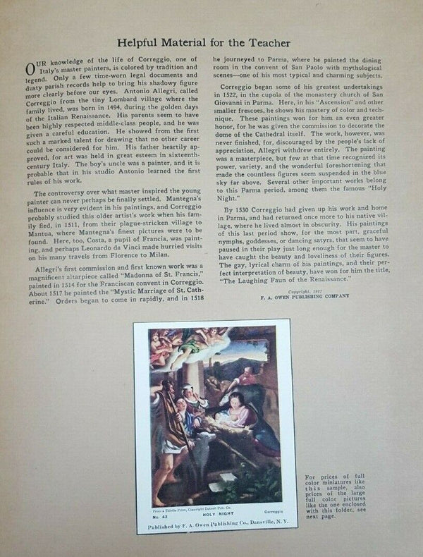 1927 "Holy Night" Correggio Instructor Picture Study Series Painting Owen Pub