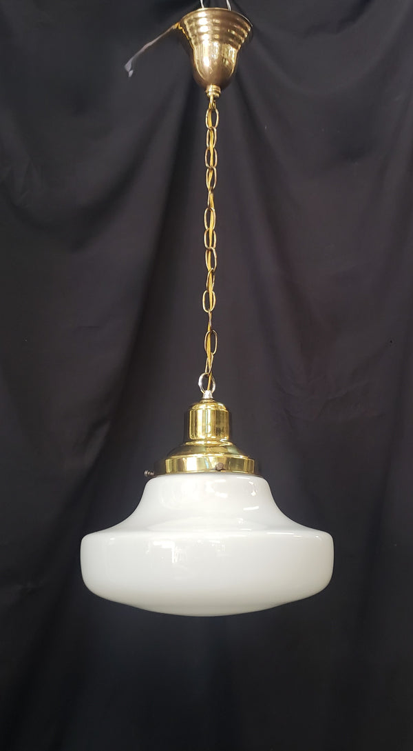 Restored Brass Pendant Light w/ Round White Shade GS01025