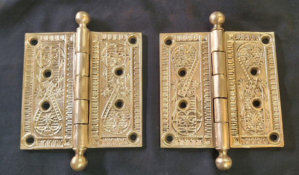 Restored Victorian Ornate Solid Brass Ball Pin Hinges  4 1/2" x 4 1/2" GS01041