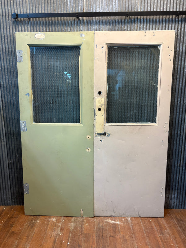 Pair of Steel Cladded Doors w/ Vintage Chicken Wire Glass GS6098