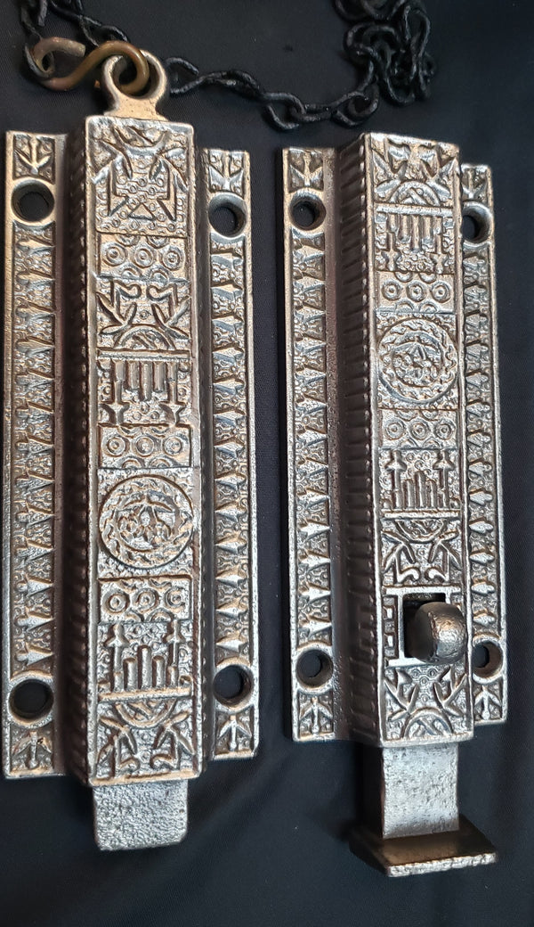 Restored Victorian Eastlake Spring Loaded Double Door Bolt Lock Set GS01054
