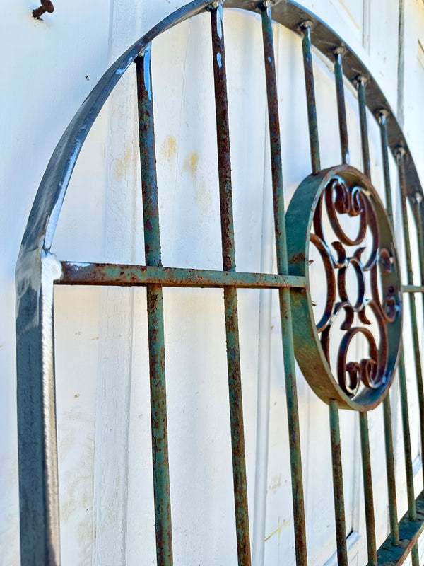 Restored Arched Antique Iron Gate w/ Flower Medallion GA20443