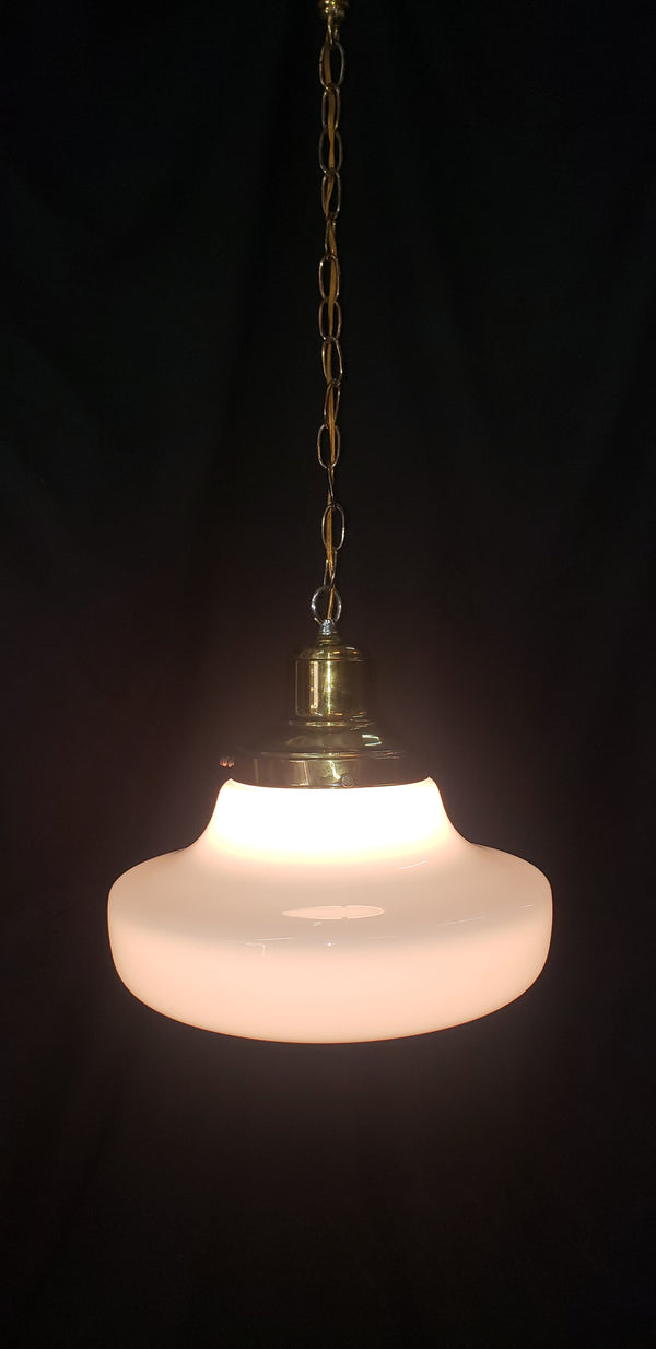 Restored Brass Pendant Light w/ Round White Shade GS01025