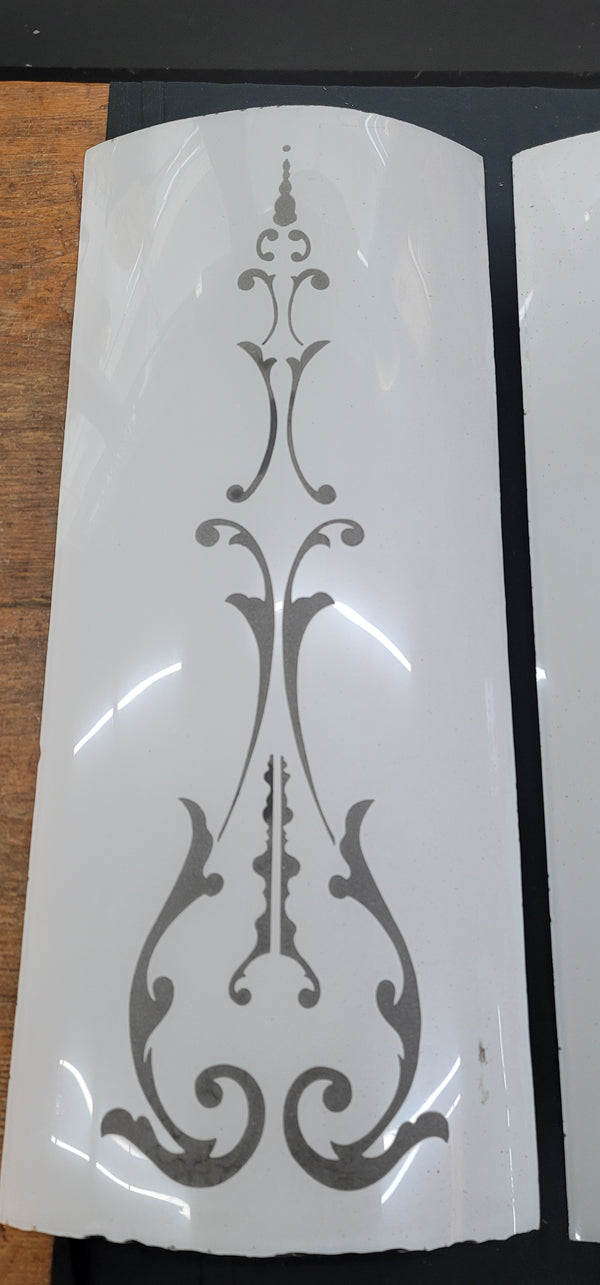 Rare White Cased Etched Curved Glass Panels 24" x 10" - 7 Available! GS00759
