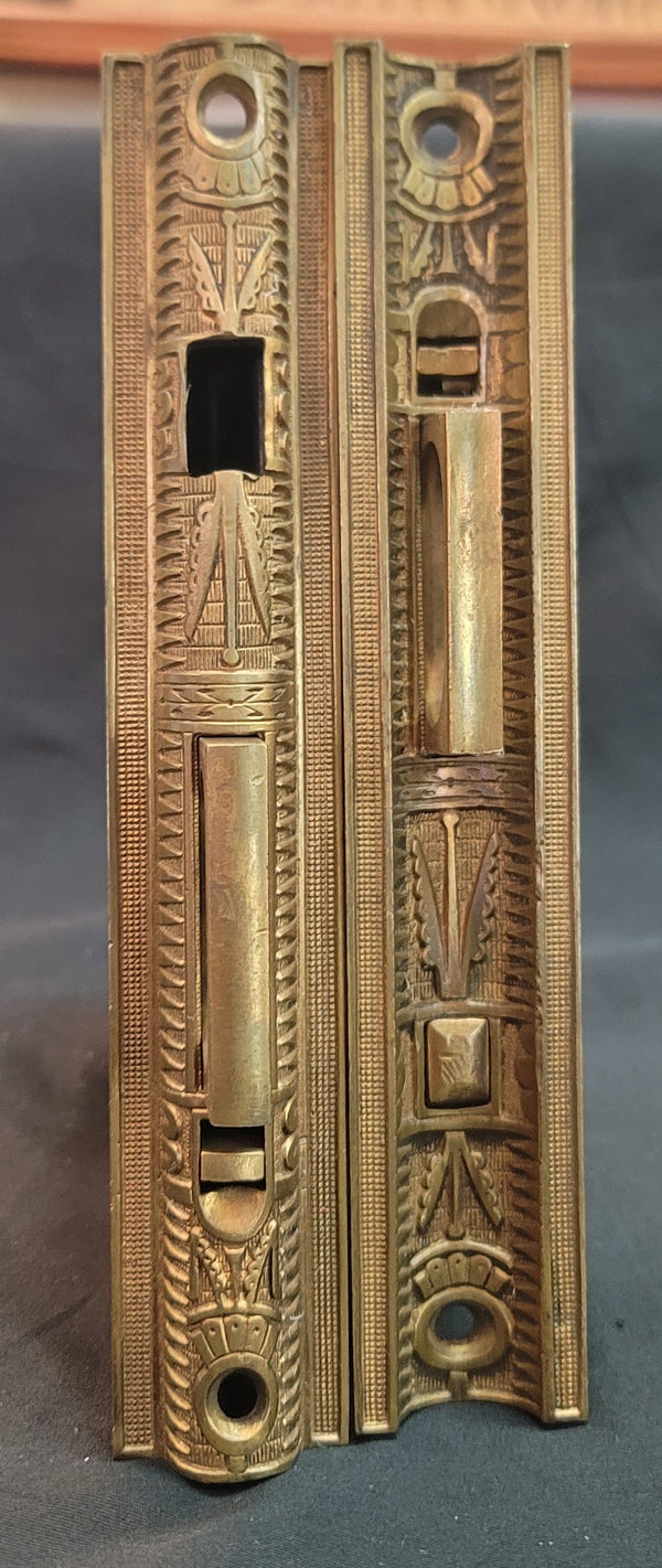 Restored Victorian Eastlake Pocket Door Lock Set 5 3/8" x 3 7/8" GS01045