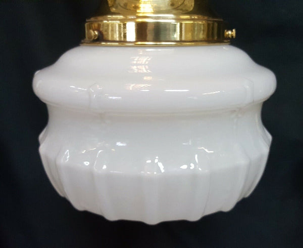 Restored Art Deco White Opaque Pendant Light Fixture with Brass Trim GA4347
