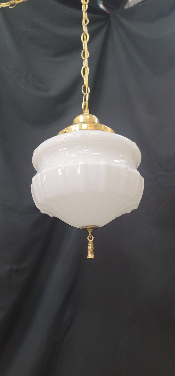 Restored Art Deco White Opaque Pendant Light Fixture with Brass Trim GA4347