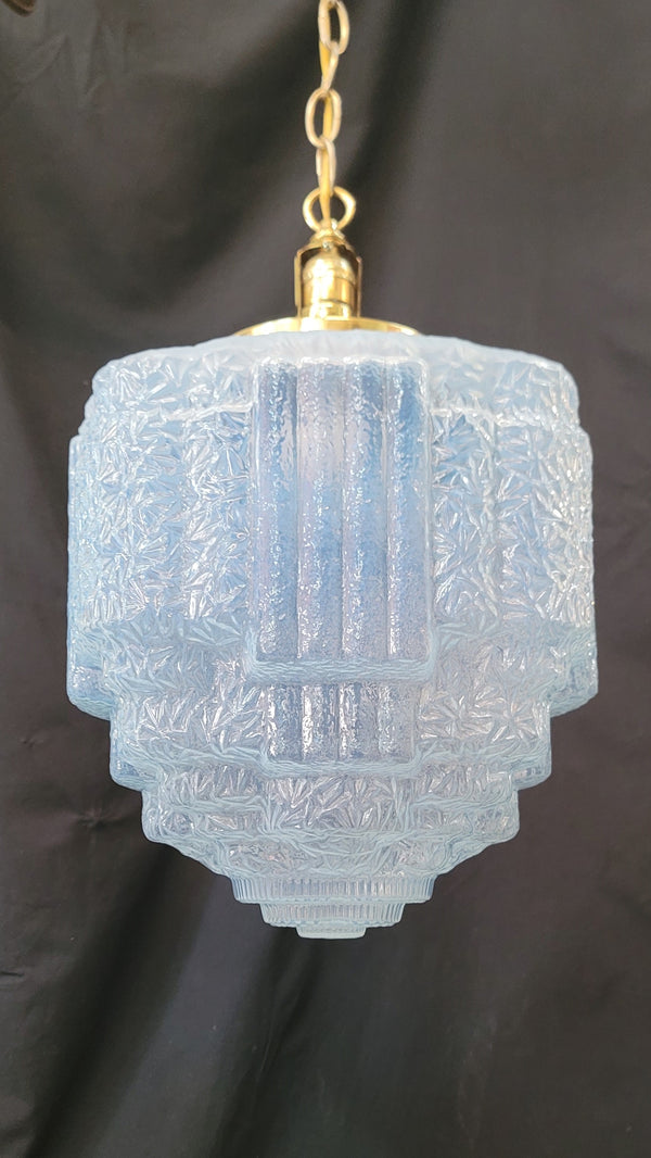 Restored Art Deco Pendant Light w/ Textured Tiered Opalescent Shade GS01023