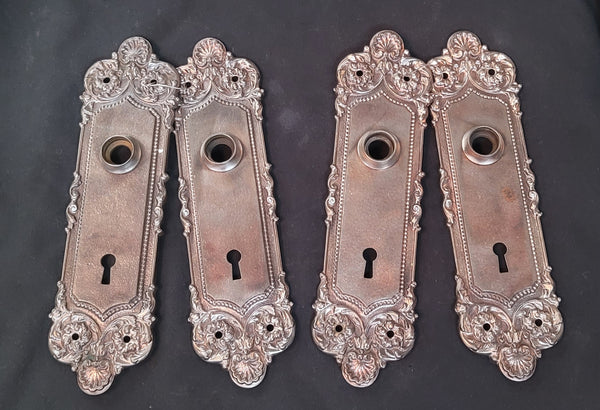 Restored Art Nouveau Door Knob Back Plates - 2 Pair 8 3/4" x 2 1/2" GS00581