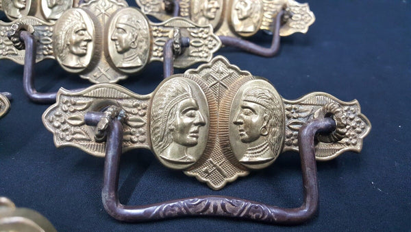 Architectural Salvage Brass Double Indian Head Design Drawer Pulls Set of 6