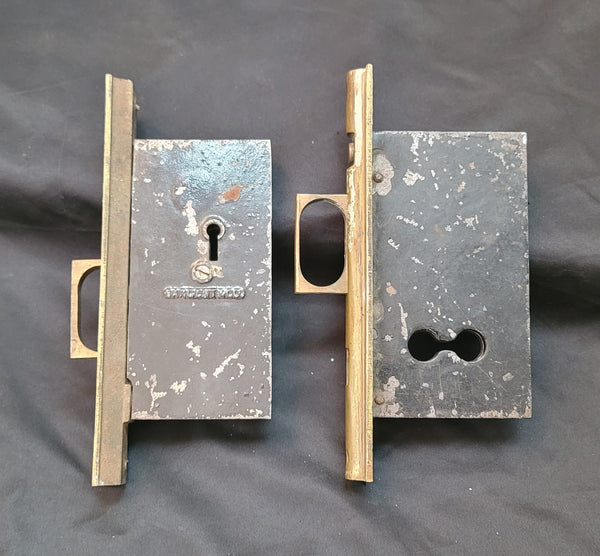 Vintage Brass & Iron Pocket Door Lock Set 7 1/2" x 5 1/2" x 4" GS00853