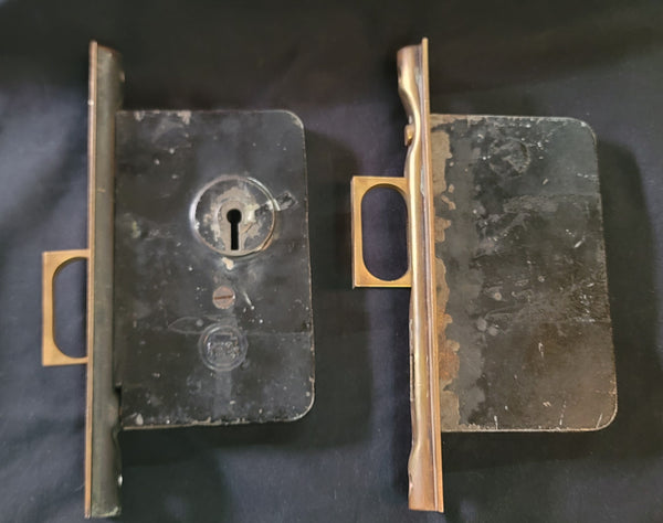 Vintage Brass Pocket Door Lock Set FP 7 3/4" x 5 5/16" x 3 1/2" GS01039