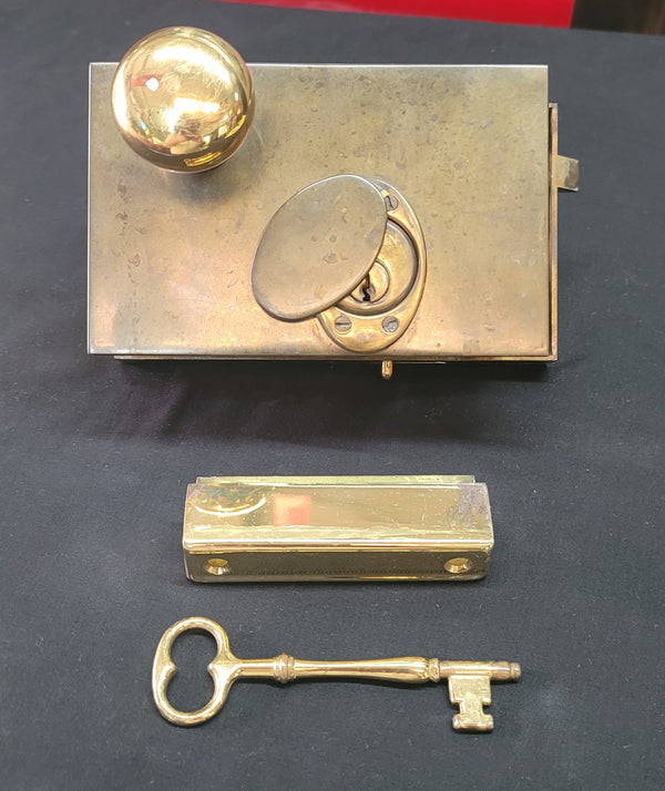 Left Side Brass Rim Lock Set w/ Keeper Key Deadbolt & More 6 3/4" x 4"GS00683