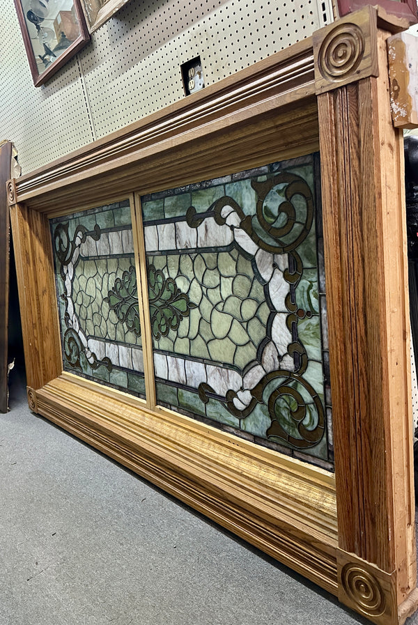 Antique Oak Framed 7+ Ft Long Stained Glass Window GA20812
