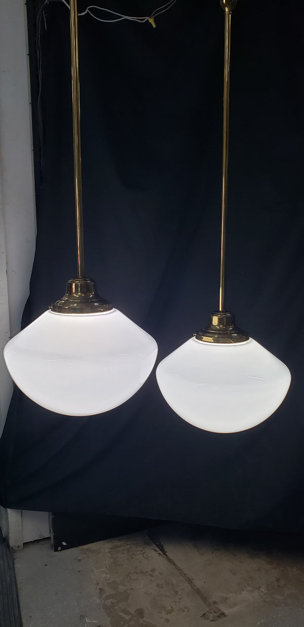 Restored Pair of Brass Pendant Lights w/ White Globes 49" T x 16" W GS01002