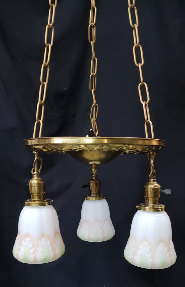 Restored Victorian 3 Light Brass Pan Chandelier w/ Shades 14"x 36" GS00978