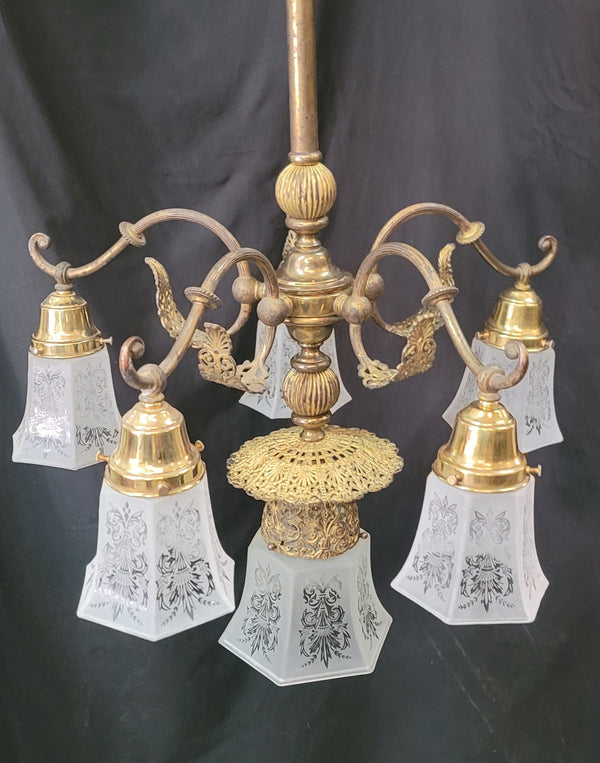 Ornate 6 Light Victorian Chandelier w/ Fluted Etched Shades 24" x 36" GS00997