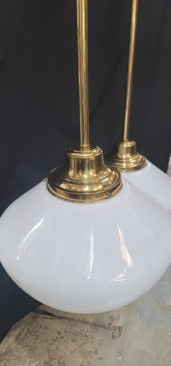 Restored Pair of Brass Pendant Lights w/ White Globes 49" T x 16" W GS01002