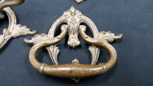 Architectural Salvage Ornate Scroll & Leaf Brass Drawer Pull Handles Set of 4