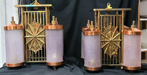 Pair of Art Deco Theatre Chandeliers w/ Spider Web Accents 23" x 17" GS01017