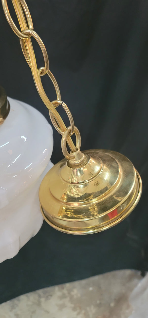 Restored Art Deco White Opaque Pendant Light Fixture with Brass Trim GA4347
