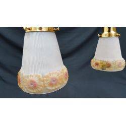 Restored 3 Light Victorian Brass Pan Chandelier w/ Textured Floral Shades GA7676