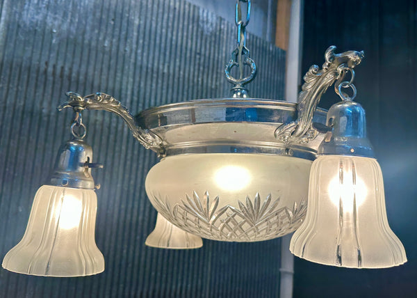 Restored Art Deco Chrome Plate 5-Light Pan Chandelier GA21012